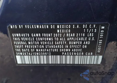 2014 Volkswagen Jetta 2.0L S из США, поврежденный, VIN 3VW2K7AJ1EM239612